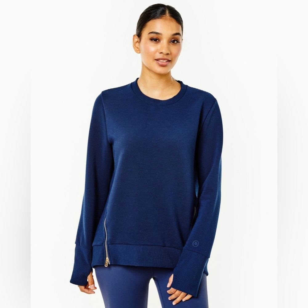 Addison Bay Active Rib Zip Everyday Crewneck Sweatshirt Pullover Navy Blue M
